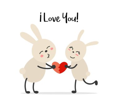 Birkaç kırmızı kalp ile aşk bunnies içinde. Düz vektör hayvan illüstrasyon tebrik kartı