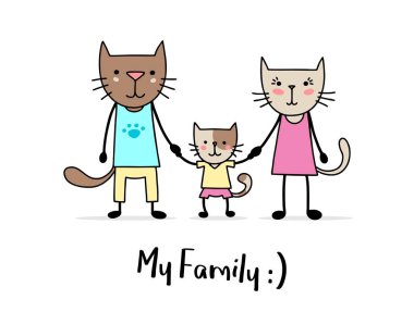 Aile iki kedi baba ve annenin oğlu ile. Çizgi film düz vektör hayvan illüstrasyon kart