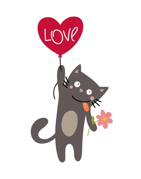 Mignon Chat Fou Avec Ballon Coeur Rose Carte Illustration Dessin — Image vectorielle