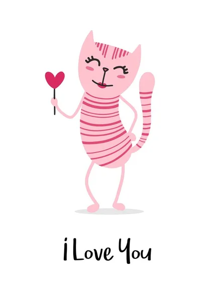 小さなピンクのハートとかわいい子猫 動物のフラット ベクトル イラスト カード — ストックベクタ