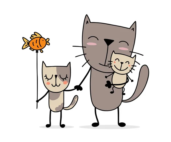 Gato Feliz Padre Con Hijo Hija Familia Dibujos Animados Plana — Vector de stock