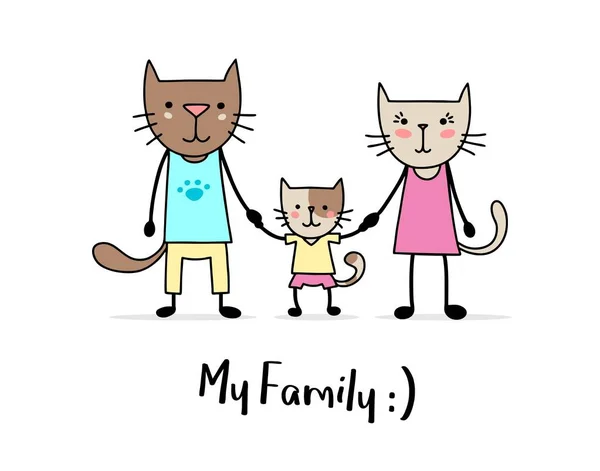 Family Two Cats Father Mother His Son Cartoon Flat Vector — Stock Vector