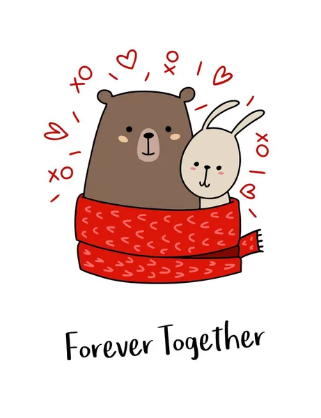 Happy teddy bear hugs his bunny friend. Animal vector illustration cartoon card