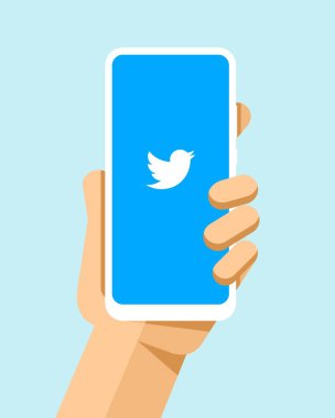 El üstünde belgili tanımlık perde smartphone Twitter uygulama ile tutar. Düz vektör modern telefon mock-up çizim