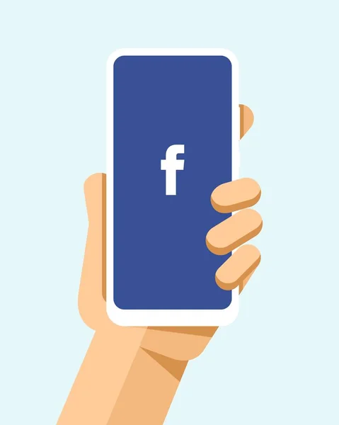 El üstünde belgili tanımlık perde smartphone Facebook uygulaması ile tutar. Düz vektör modern telefon mock-up çizim
