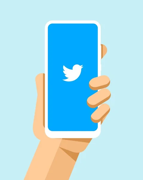 Hand Håller Smartphonen Med Twitter Ansökan Skärmen Platt Modern Telefon — Stock vektor