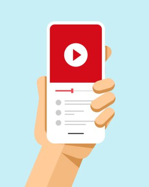 El üstünde belgili tanımlık perde video dosyası ile smartphone tutar. Düz vektör modern telefon mock-up çizim