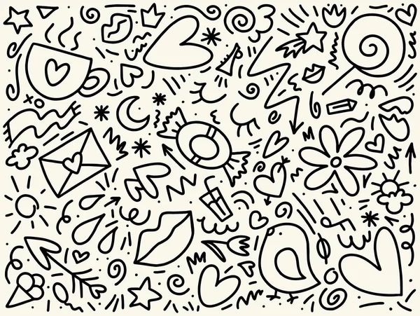 Sevgi ve tarihi el çizilmiş desen dudaklar, kalp, şeker ve mesaj ile doodle. Mutlu Sevgililer günü resimde arka plan