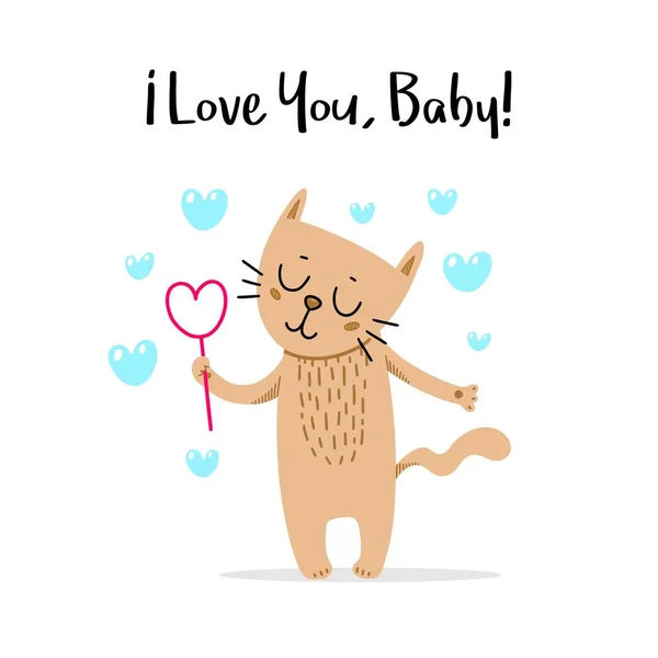 Roztomilá Žlutá Kočka Láskou Šťastné Valentýnské Blahopřání Dni Lásky — Stockový vektor