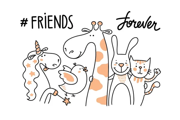 Five happy animal friends together and forever. Unicorn, bird, giraffe, bunny and cat illustration cartoon vector poster