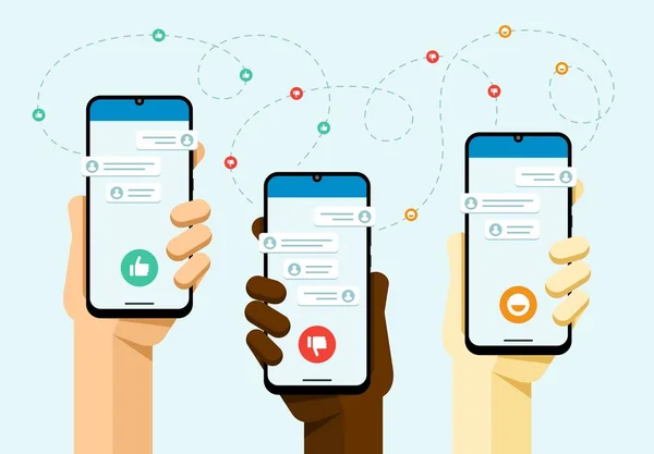 Akıllı telefon insan elinde maket. Birçok insanla sosyal medya iletişimi. Sevmemek, gülümseme düğmesi gibi. Vektör düz renkli teknoloji illüstrasyon