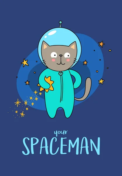 Cute Flying Spaceman Cat Open Space Stars Vector Flat Cartoon — Stock Vector