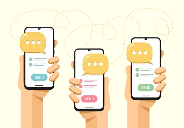 Mockup Smartphone Mão Humana Mensagens Com Muita Gente Sms Enviar —  Vetores de Stock