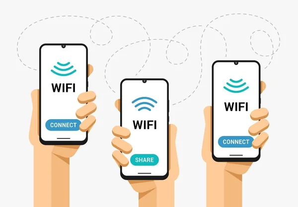 Smartphone Είναι Στο Ανθρώπινο Χέρι Μερίδιο Σήμα Wifi Και Σύνδεση — Διανυσματικό Αρχείο