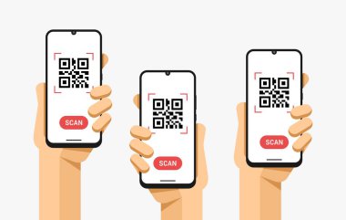 Akıllı telefon insan elinde maket. Qr kodunu taz.... Vektör düz renkli teknoloji illüstrasyon