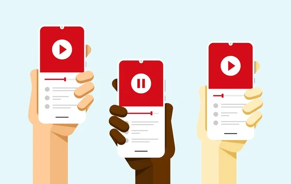 Ekranda video oynatıcı uygulaması ile insan elinde akıllı telefon makeup. Vektör düz renkli teknoloji illüstrasyon