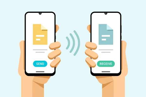 Akıllı telefon insan elinde maket. Kablosuz gönderme ve bir telefondan diğerine dosya almak. Vektör renkli teknoloji illüstrasyon