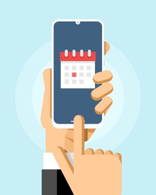 Akıllı telefon, ekrandaki takvim uygulamasıyla birlikte. Toplantı, tarih, etkinlik. Vektör renkli teknoloji illüstrasyon