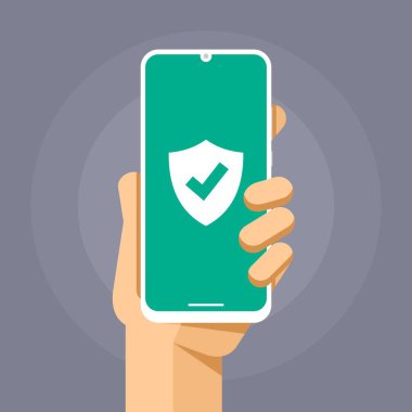 Boş ekranda koruma kalkanı ile akıllı telefon makeup. Güvenli virüsten koruma aygıtı. Vektör renkli teknoloji illüstrasyon