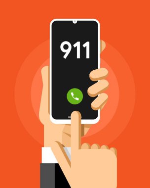 Akıllı telefon insan elinde maket. 911 kurtarma telefon numarası. Vektör renkli teknoloji illüstrasyon