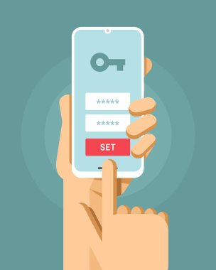 Akıllı telefon insan elinde maket. Giriş ve şifre yetkilendirme ekranı. Eps10 Vektör
