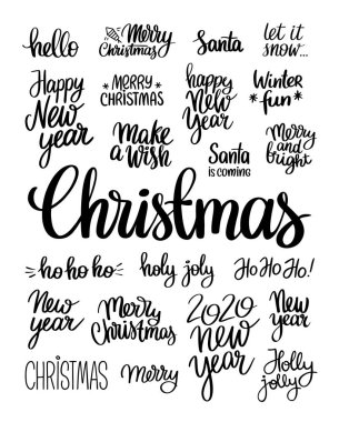 Fırça yazıvektör illüstrasyon el yazısı kelimeler Merry Christmas, Yeni yıl, kış eğlenceli, ho ho ho, bir dilek, Santa, kutsal joly ve 2020 beyaz arka plan üzerinde yapmak