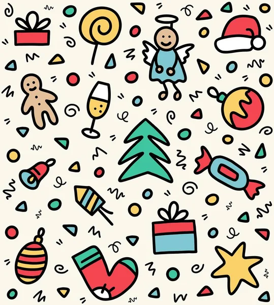 Kleurrijk Met Hand Getekend Nieuwjaar Kerstmis Doodle Patroon Met Champagne — Stockvector