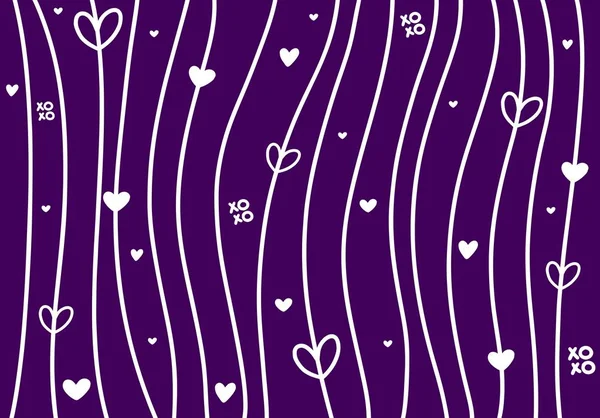 Modèle Romantique Avec Différents Cœurs Lignes Baisers Sur Fond Violet — Image vectorielle