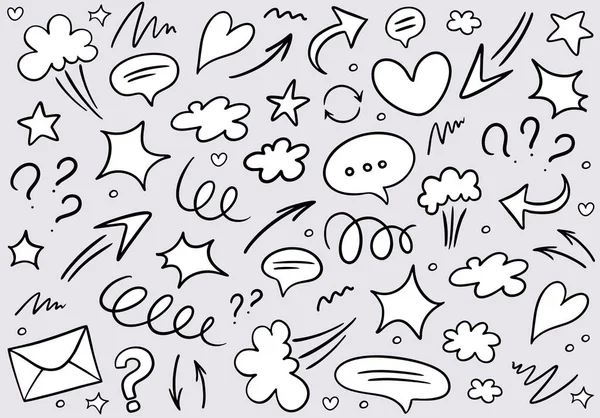 Lustiges Doodle Muster Mit Wolke Chat Blasen Pfeilen Herzen Und — Stockvektor