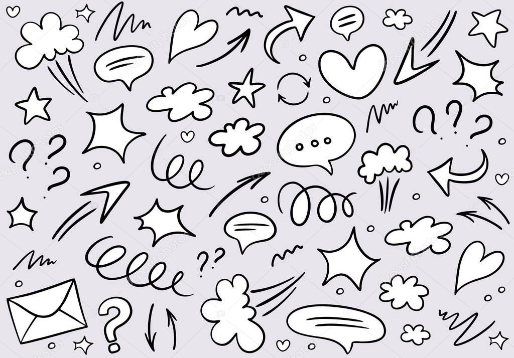 Funny doodle hand drawn pattern with cloud, chat bubbles, arrows, hearts and different waves