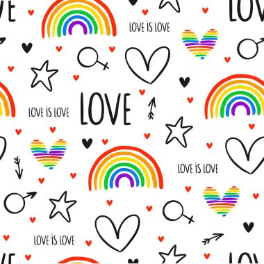 Igbt gökkuşağı, kalpler, metin, oklar ve yıldızlarla hiç bitmeyen sevimli, pürüzsüz bir desen. Gay gururu. Gurur Ayı. Aşk, özgürlük, destek, barış sembolü 