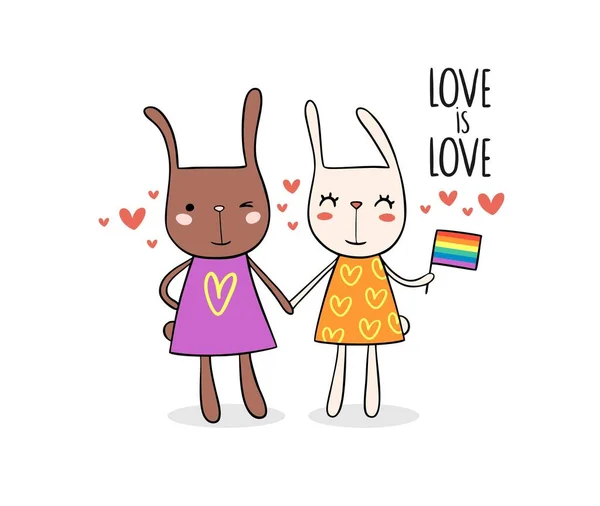 Sevimli Çizgi Filmlerdeki Aşık Tavşan Kızlar Aşk Gökkuşağı Bayrağıdır Gay — Stok Vektör