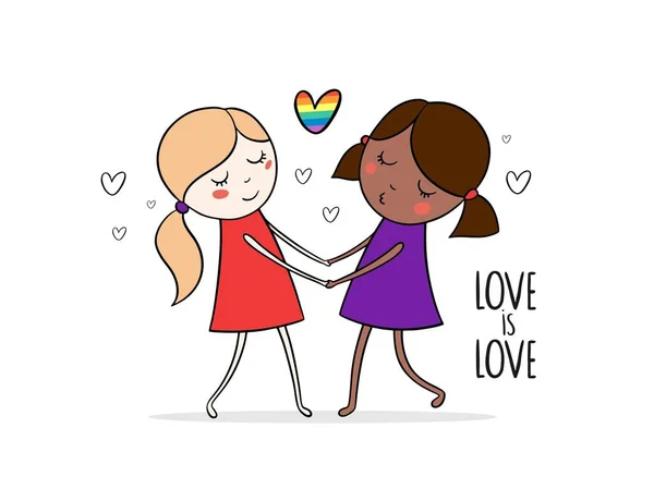 テキストの愛と恋にかわいい漫画の女の子は愛と虹の心です ゲイの誇り プライド月 サポート — ストックベクタ