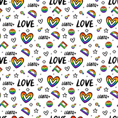 El çizimi arka plan lgbtq + sembolleri, bayrak, kalp, barış, yıldızlar ve oklar. Hiç bitmeyen bir düzen. Gay gururu. Gurur Ayı. Aşk ve özgürlük