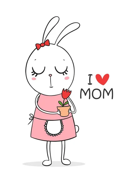 Jolie Petite Lapine Avec Tulipe Dans Vase Happy Mothers Day — Image vectorielle