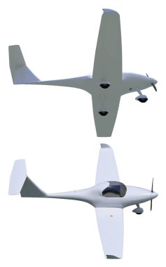 3D render bir ışık spor uçağı. Beyaz arka plan üzerinde izole küçük Genel Havacılık Uçak modeli. Perspektif görünümü. Yukarıdan aşağıya, yan.