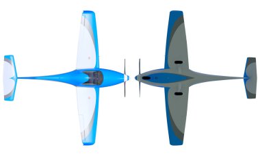 3D render bir ışık spor uçağı. Beyaz arka plan üzerinde izole küçük Genel Havacılık Uçak modeli. Perspektif görünümü. Top, aşağı.