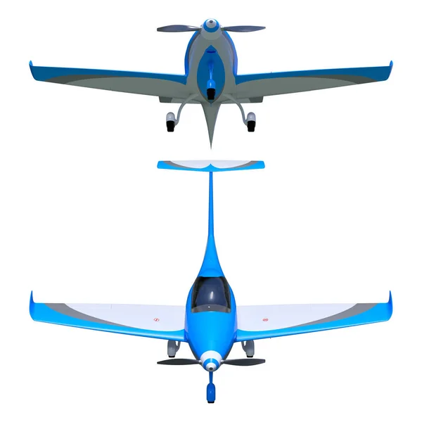 3d render of a light sport aircraft. Small general aviation plane model isolated on white background. Perspective view. Top, down, front.