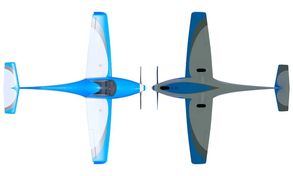 ライト スポーツ機の のレンダリング 小さく一般的な航空飛行機モデルが白い背景で隔離 分析観点ビュー トップ下 — ストック写真