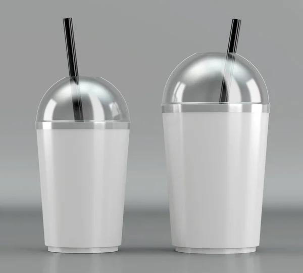 saman ve şeffaf kapağı gri bir arka plan üzerinde içme ile beyaz plastik sallamak Kupası 3d render