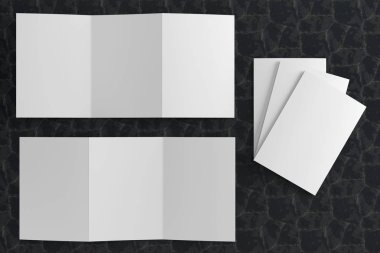 Siyah mermer backg üzerinde bir broşür mockup 3d render illüstrasyon