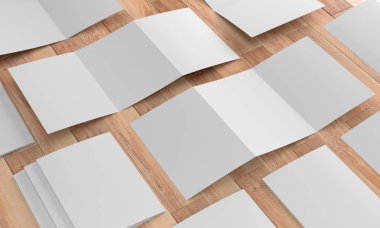 Ahşap arka plan üzerinde bir broşür mockup 3d render illüstrasyon.