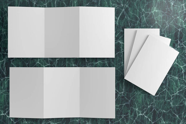3d render illustration of a leaflet mockup on green marble backg