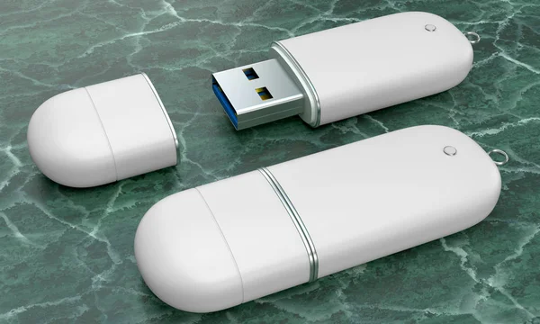 3d render illustration of a flashdrive mockup on green marble ba — Stock Photo, Image