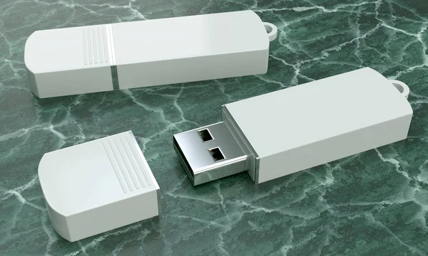 3d render illustration of a flashdrive mockup on green marble ba — Stock Photo, Image