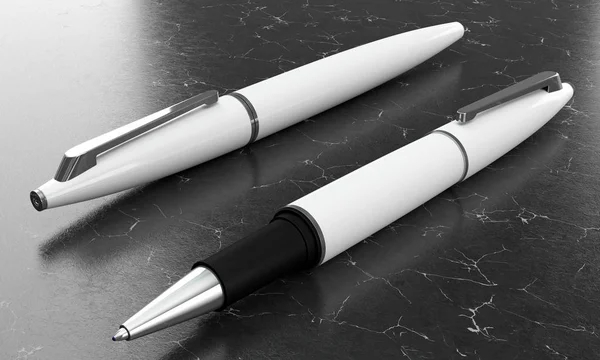 Illustration 3D de maquettes de stylos à billes blanches sur marbre noir — Photo
