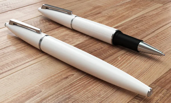 3d illustration render of white ball pens mockup on wooden backg — Stock Photo, Image