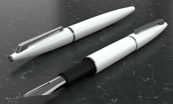 3d illustration render of white fountain pens mockup on black ma — Stock Photo, Image