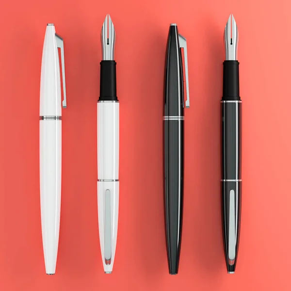 3d illustration render of white and black fountain pens mockup o — Stock Photo, Image