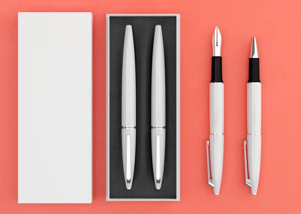 3d illustration render of a writing set. Ball pen and ink pen in — Stock Photo, Image